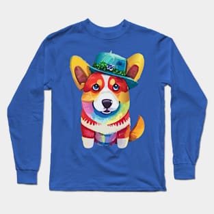 Colorful Corgi in a Hat Long Sleeve T-Shirt